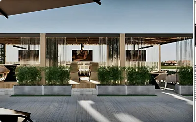 Open-air hospitality space with timber details and greenery